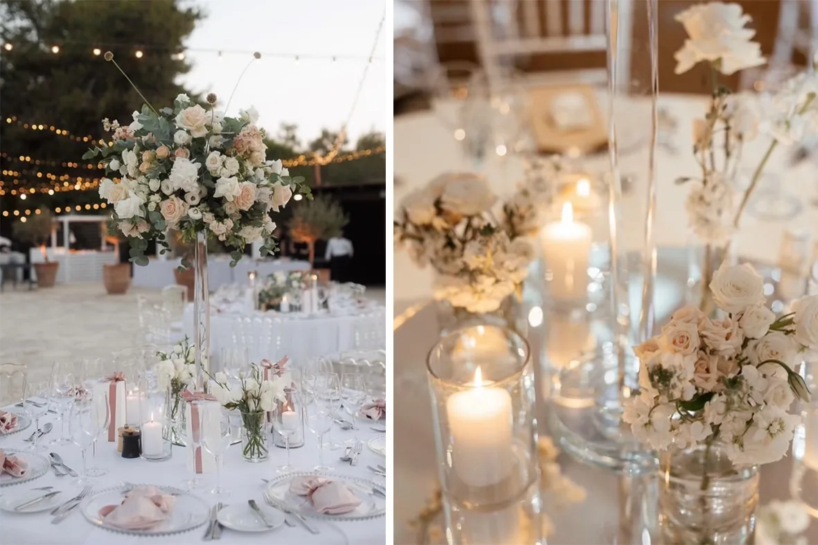 Hohe Blumenarrangements auf festlich gedeckten Tischen bei einer Hochzeit auf Zypern