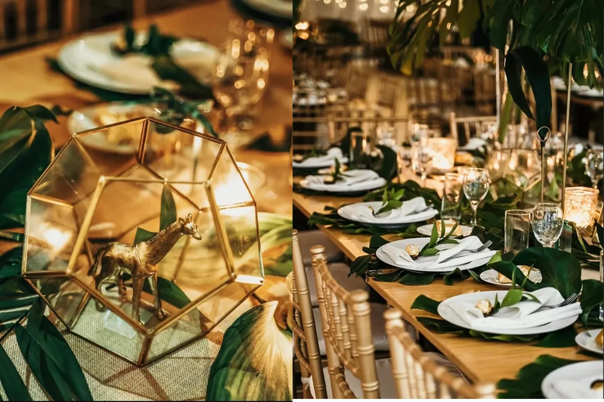 Tropical table decoration with monstera leaves and gold details
